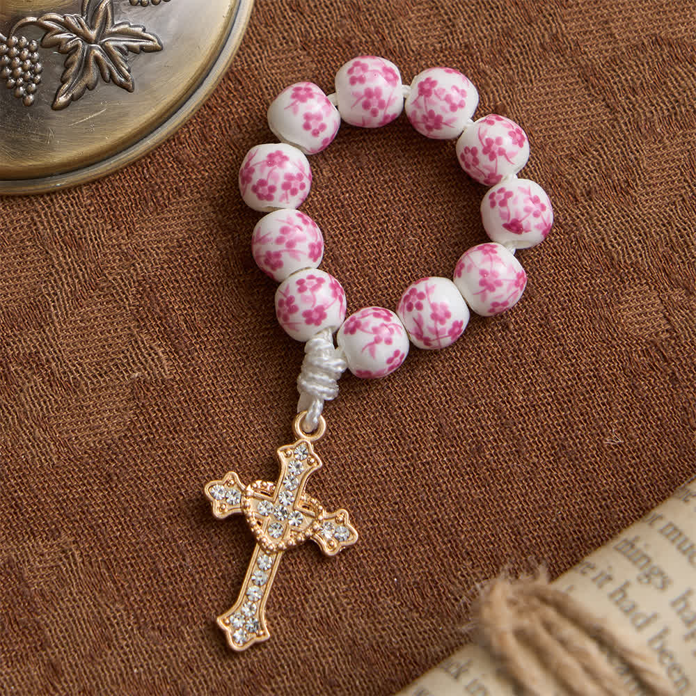 Pink Floral Ceramic Finger Rosary with Crystal Cross