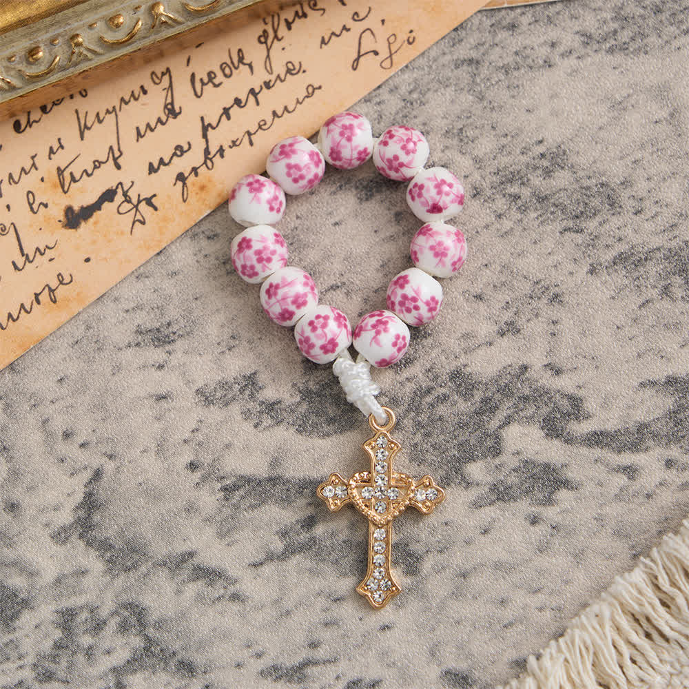 Pink Floral Ceramic Finger Rosary with Crystal Cross