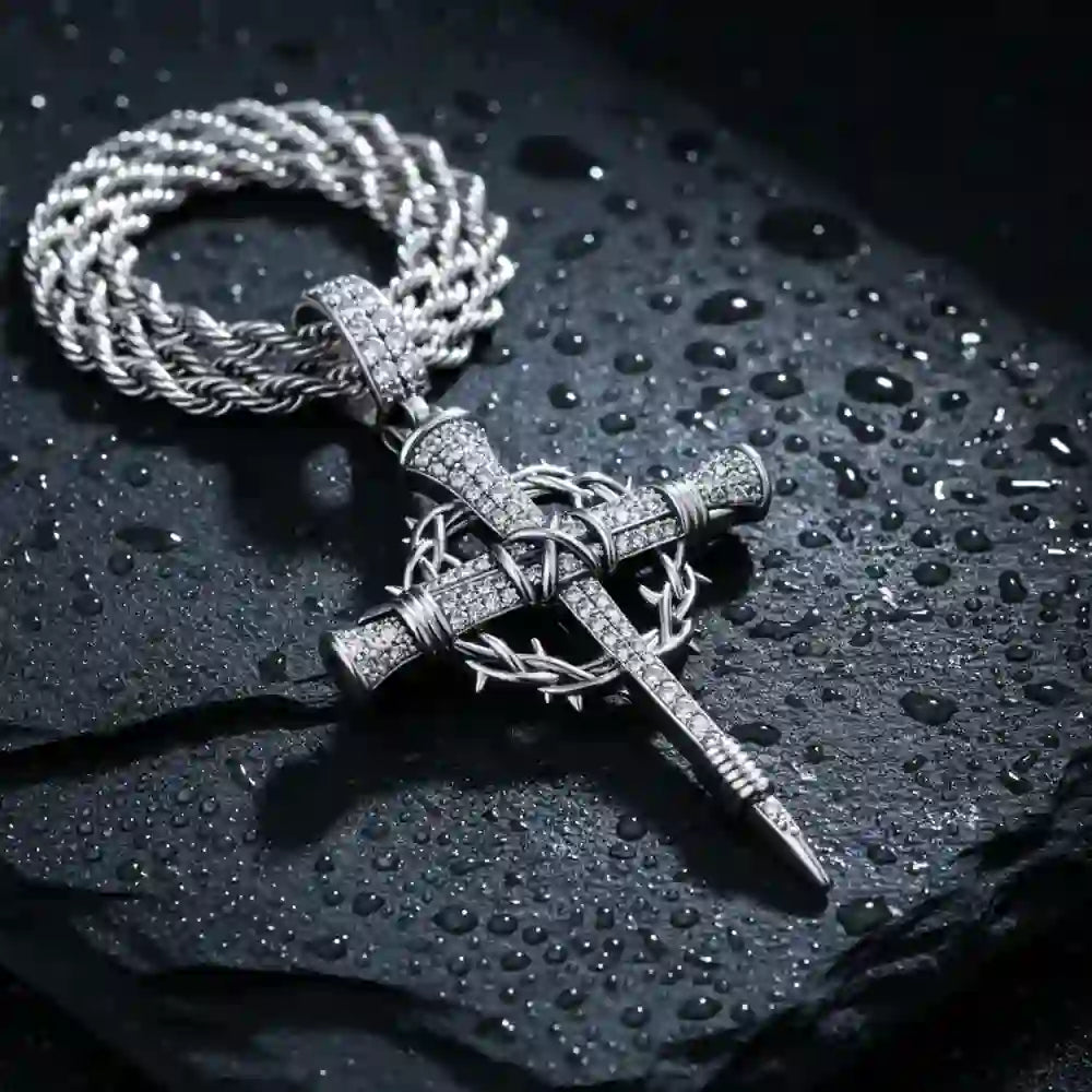 Pave Zircon Nail Cross Necklace with Crown of Thorns: A Reminder of Divine Love