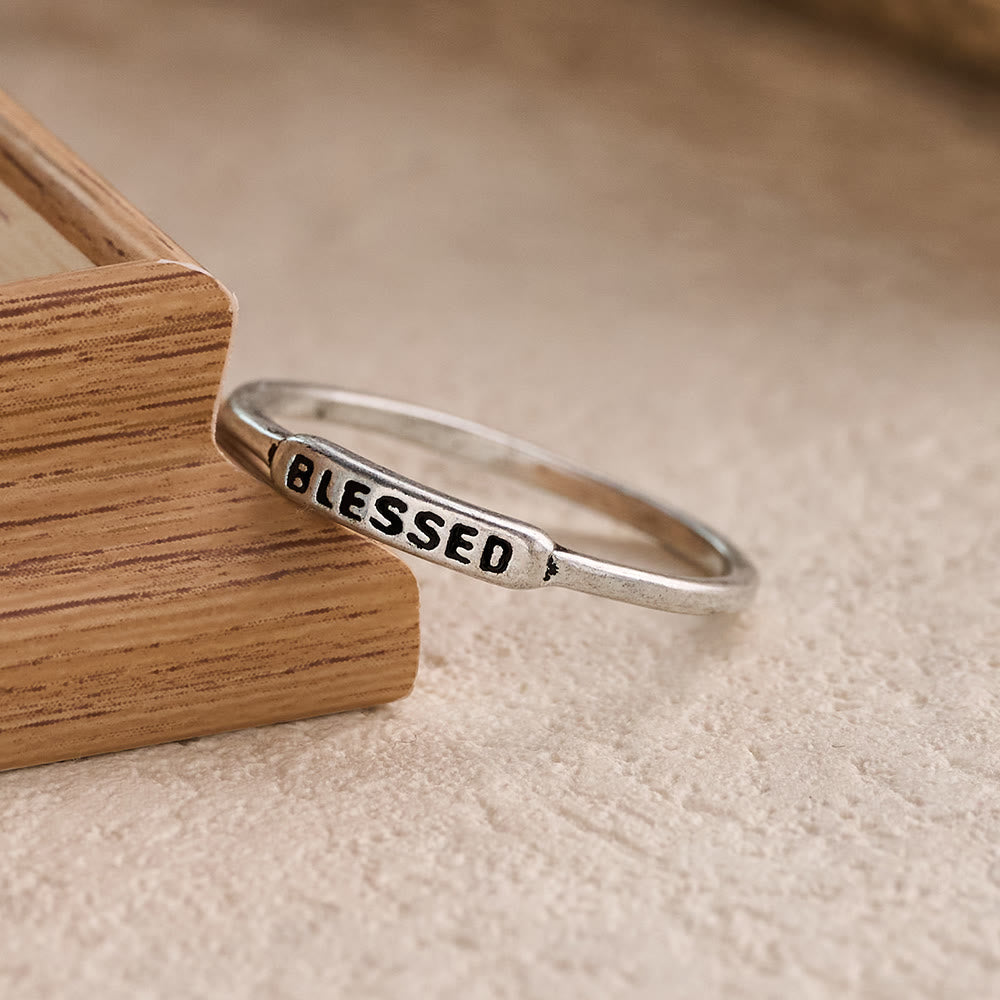 Refined Stackable Ring Set with Engraved BLESSED/FAITH/HOPE Text: An Emblem of Quiet Devotion
