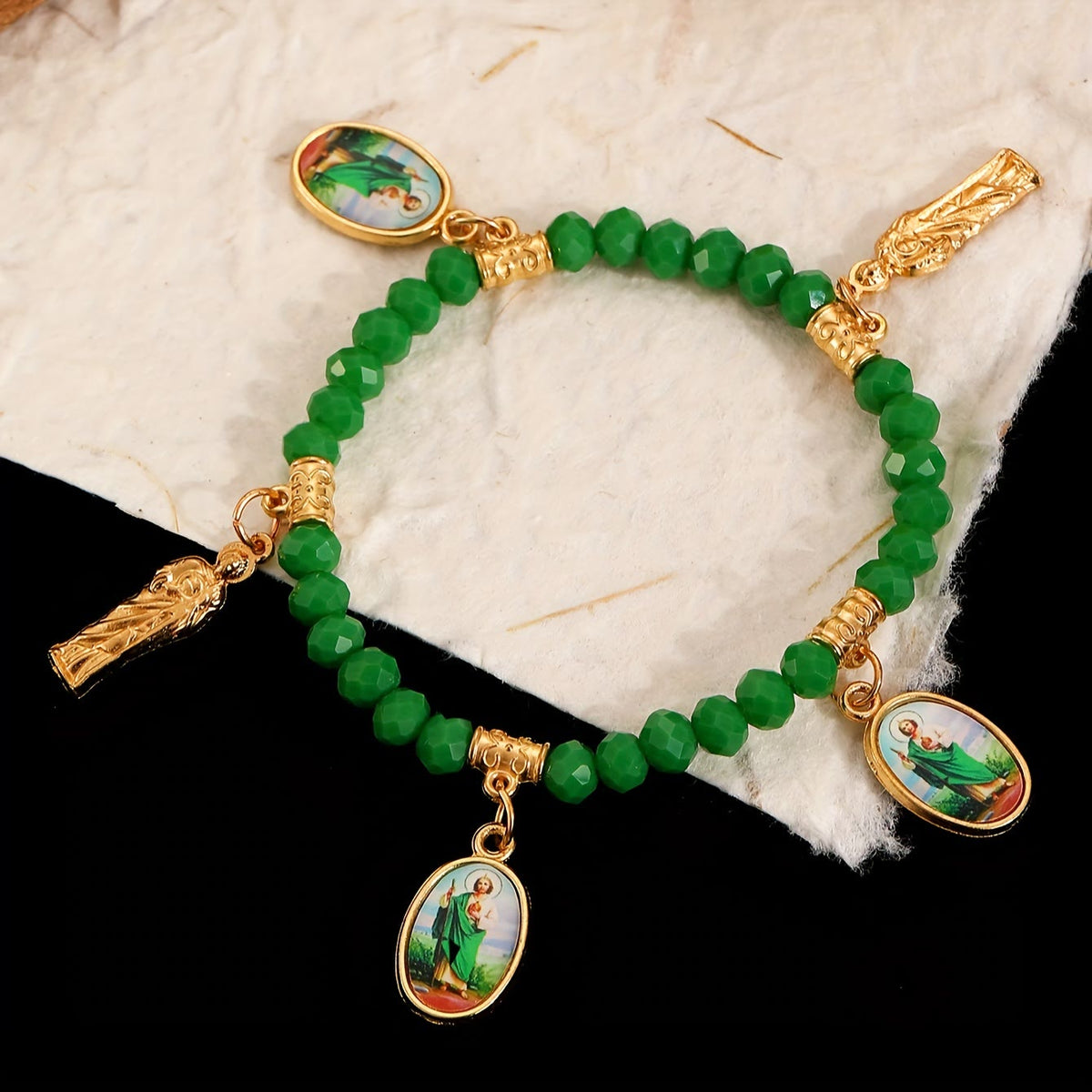 Intricate Beaded Bracelet with Our Lady of Guadalupe & Saint Jude Charms: A Reminder of Sacred Love