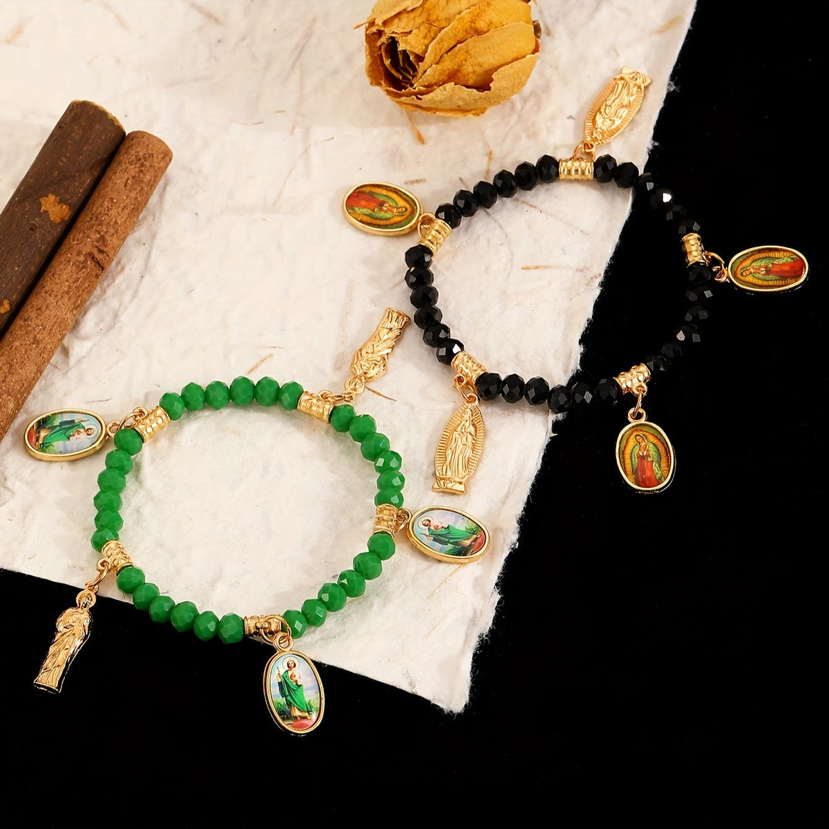 Intricate Beaded Bracelet with Our Lady of Guadalupe & Saint Jude Charms: A Reminder of Sacred Love