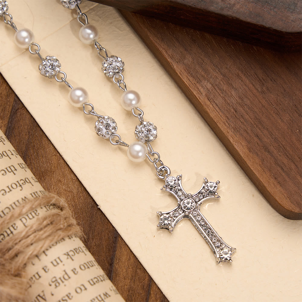 Alternating Pearl & Pave Crystal Bead Rosary-Style Cross Necklace: A Symbol of Sacred Devotion