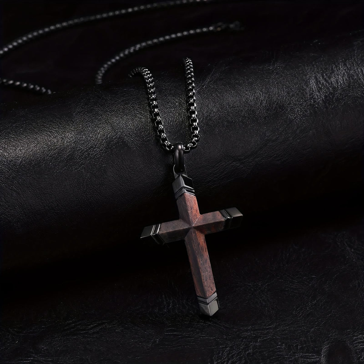 Two-Tone Stainless Steel Inlaid Solid Wood Cross Pendant Box Chain Necklace