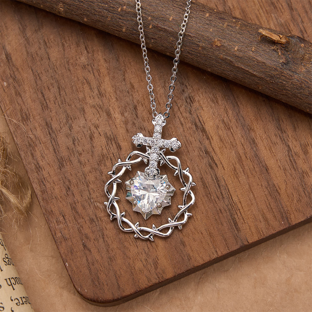Pavé Zircon Cross with Thorn Wreath & Heart-Cut Gem Pendant Necklace: A Symbol of Sacred Redeeming Love