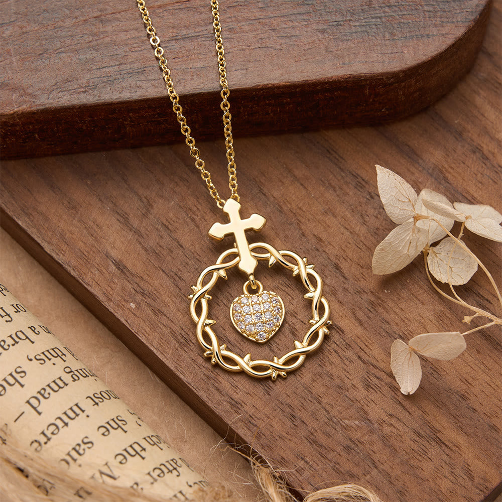 Pavé Zircon Cross with Thorn Wreath & Heart-Cut Gem Pendant Necklace: A Symbol of Sacred Redeeming Love