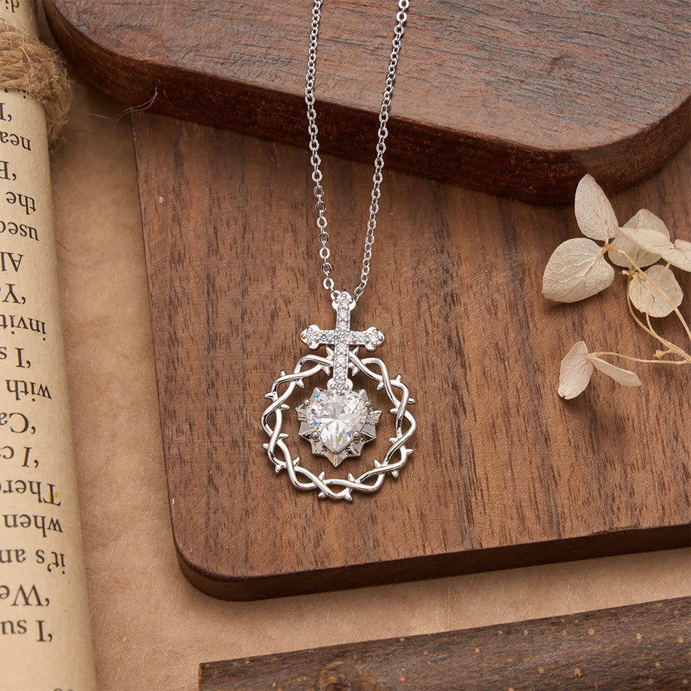 Pavé Zircon Cross with Thorn Wreath & Heart-Cut Gem Pendant Necklace: A Symbol of Sacred Redeeming Love