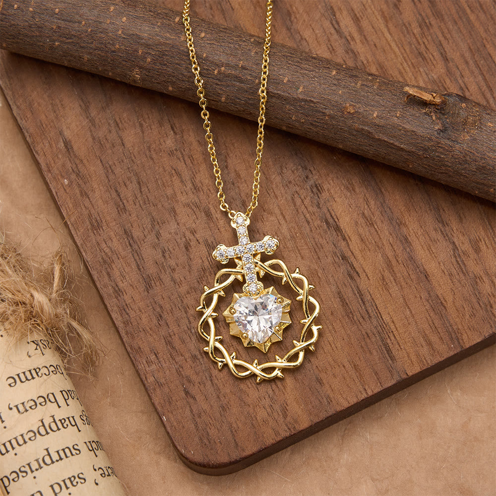 Pavé Zircon Cross with Thorn Wreath & Heart-Cut Gem Pendant Necklace: A Symbol of Sacred Redeeming Love