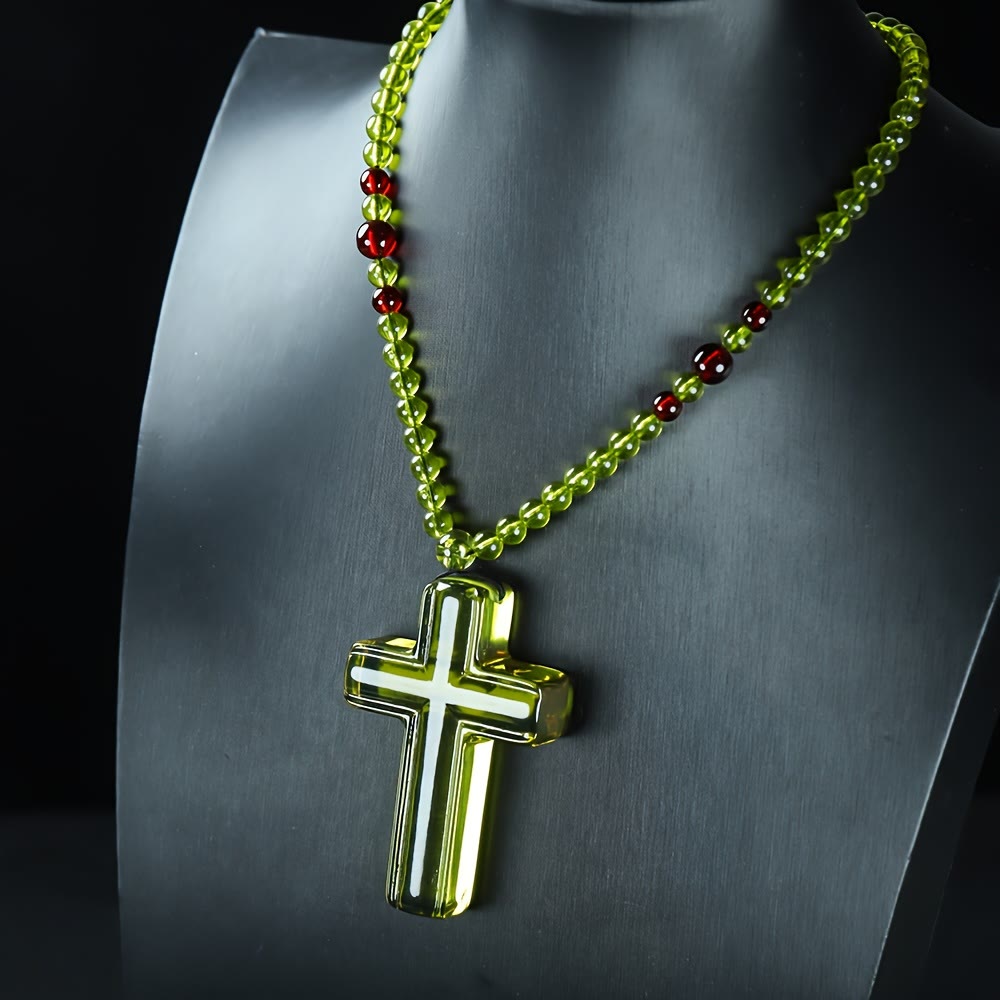 Solid Glossy Resin Amber-Style Cross Pendant with Alternate Bead Adjustable Cord Necklace