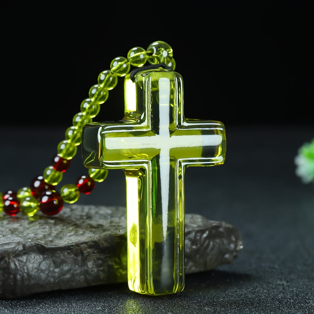Solid Glossy Resin Amber-Style Cross Pendant with Alternate Bead Adjustable Cord Necklace