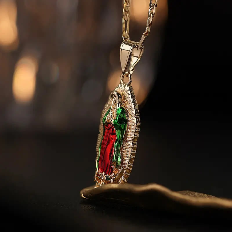 Elegant Sunburst Border Enamel Virgin Guadalupe Pendant Chunky Figaro Chain