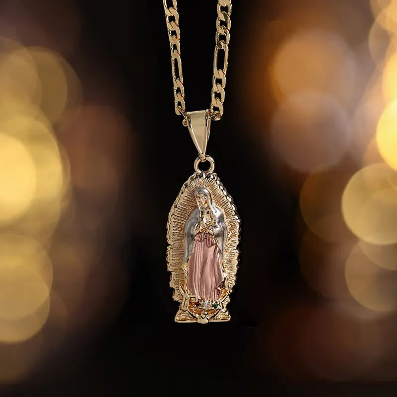 Elegant Sunburst Border Enamel Virgin Guadalupe Pendant Chunky Figaro Chain