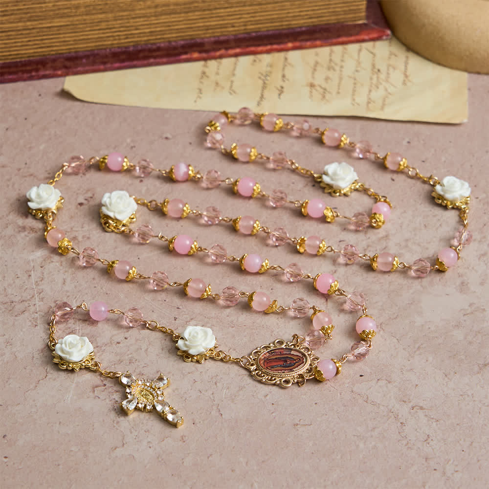 Pink Crystal & White Rose Our Lady of Guadalupe Rosary