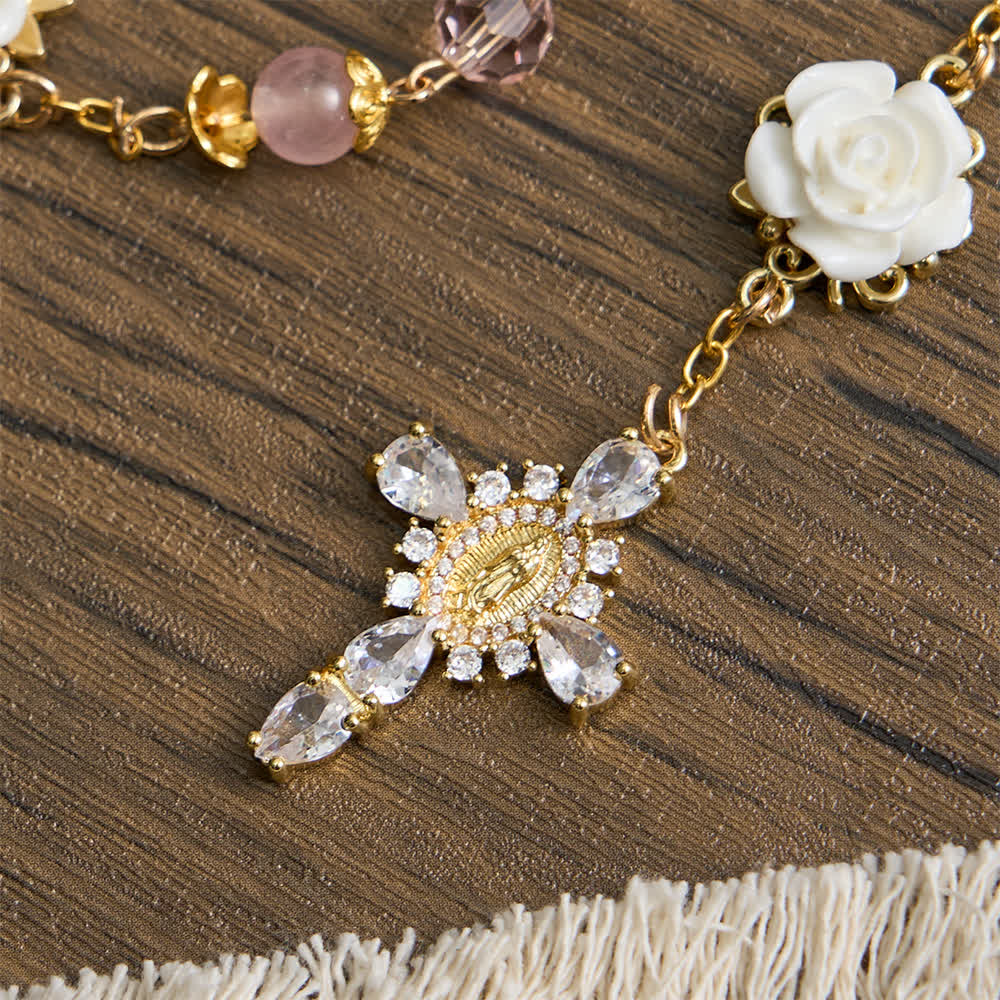 Pink Crystal & White Rose Our Lady of Guadalupe Rosary