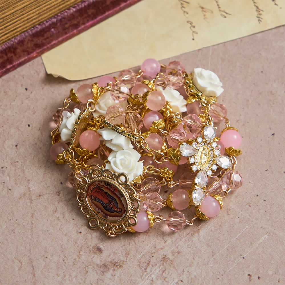 Pink Crystal & White Rose Our Lady of Guadalupe Rosary