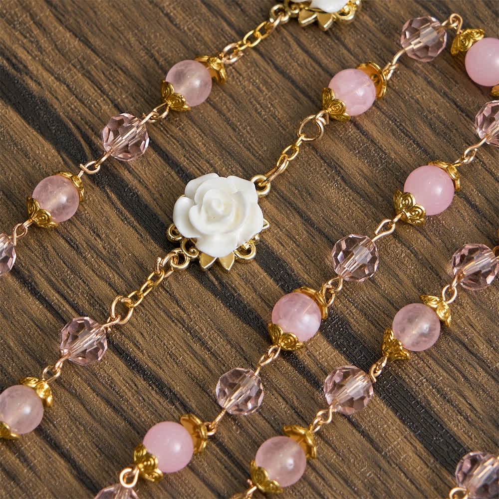 Pink Crystal & White Rose Our Lady of Guadalupe Rosary