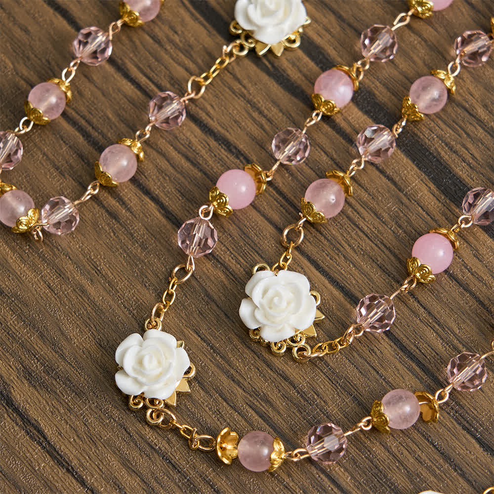 Pink Crystal & White Rose Our Lady of Guadalupe Rosary