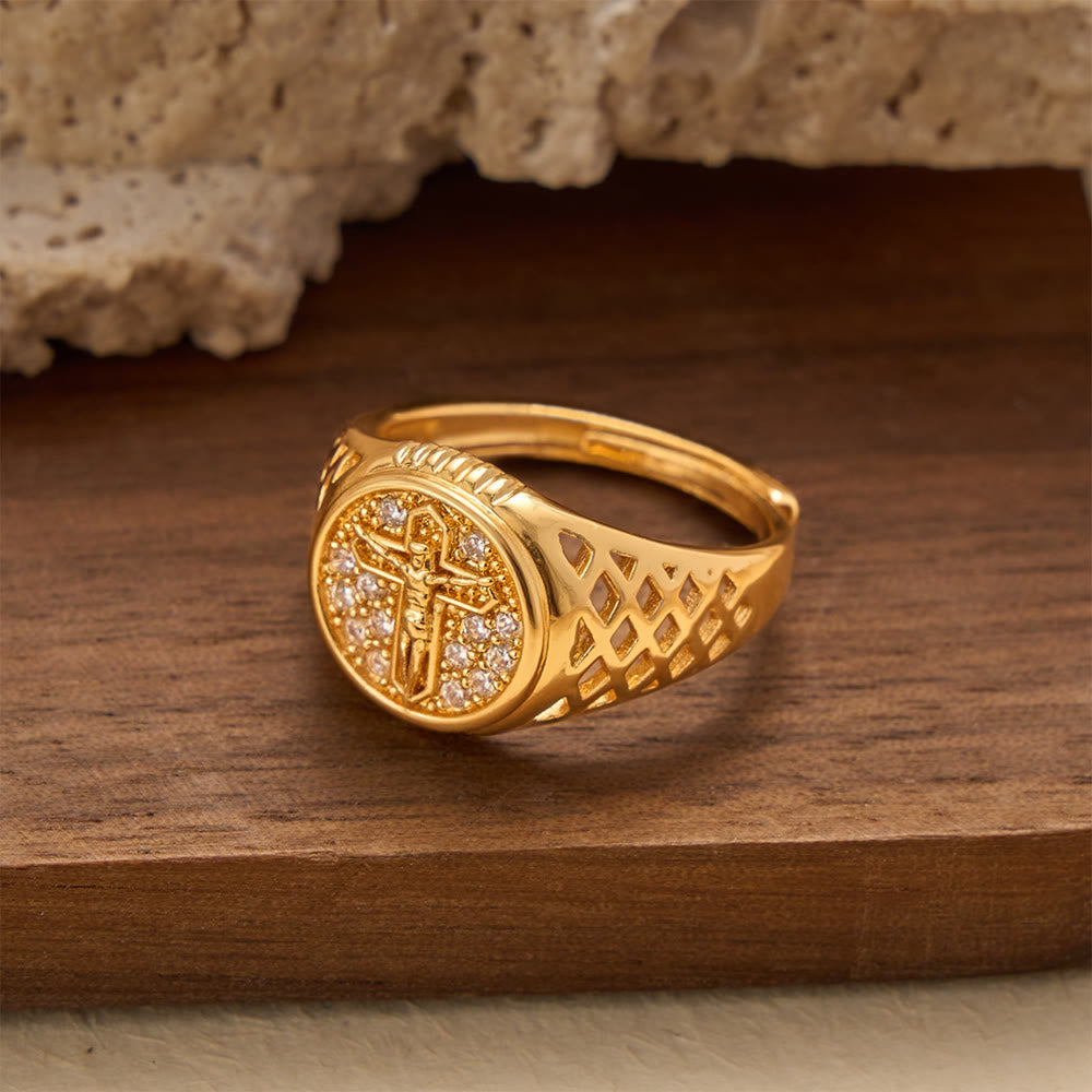 Oval Bezel Pave Zircon Crucifix Signet Ring with Lattice Hollow Band: A Symbol of Redemptive Sacred Grace