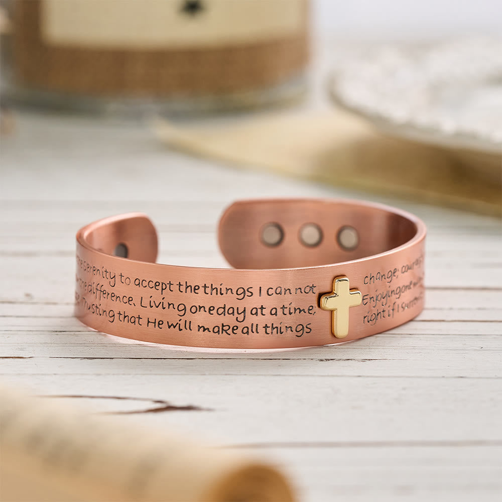 Serenity Prayer Engraved Copper Cuff Bracelet with Gold Inlaid Cross: A Symbol of Peaceful Surrender