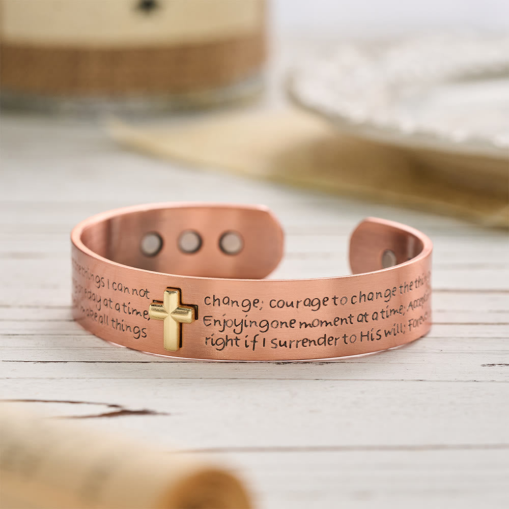 Serenity Prayer Engraved Copper Cuff Bracelet with Gold Inlaid Cross: A Symbol of Peaceful Surrender