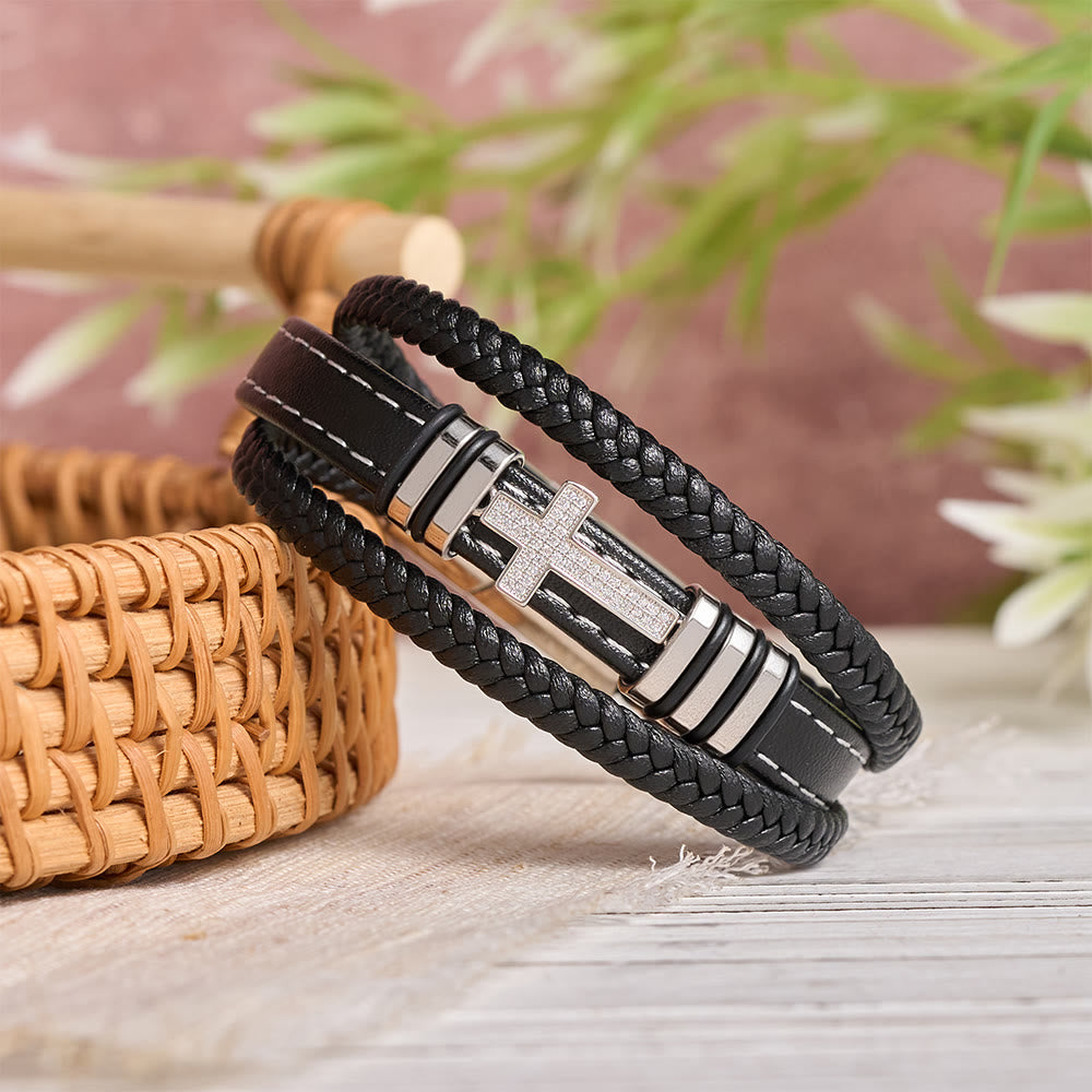 Multi-Layer Braided Leather Bracelet with Pave Zircon Cross & Three-Tone Metal Spacer