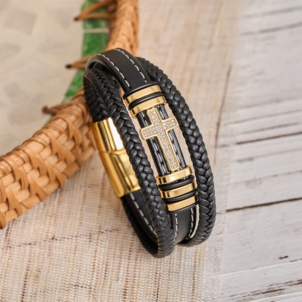 Multi-Layer Braided Leather Bracelet with Pave Zircon Cross & Three-Tone Metal Spacer