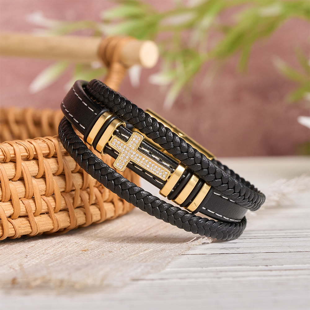 Multi-Layer Braided Leather Bracelet with Pave Zircon Cross & Three-Tone Metal Spacer