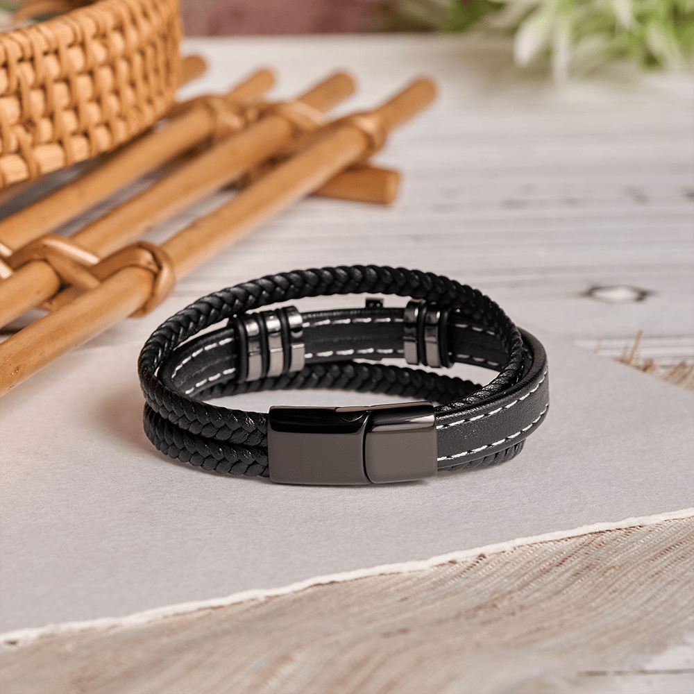 Multi-Layer Braided Leather Bracelet with Pave Zircon Cross & Three-Tone Metal Spacer