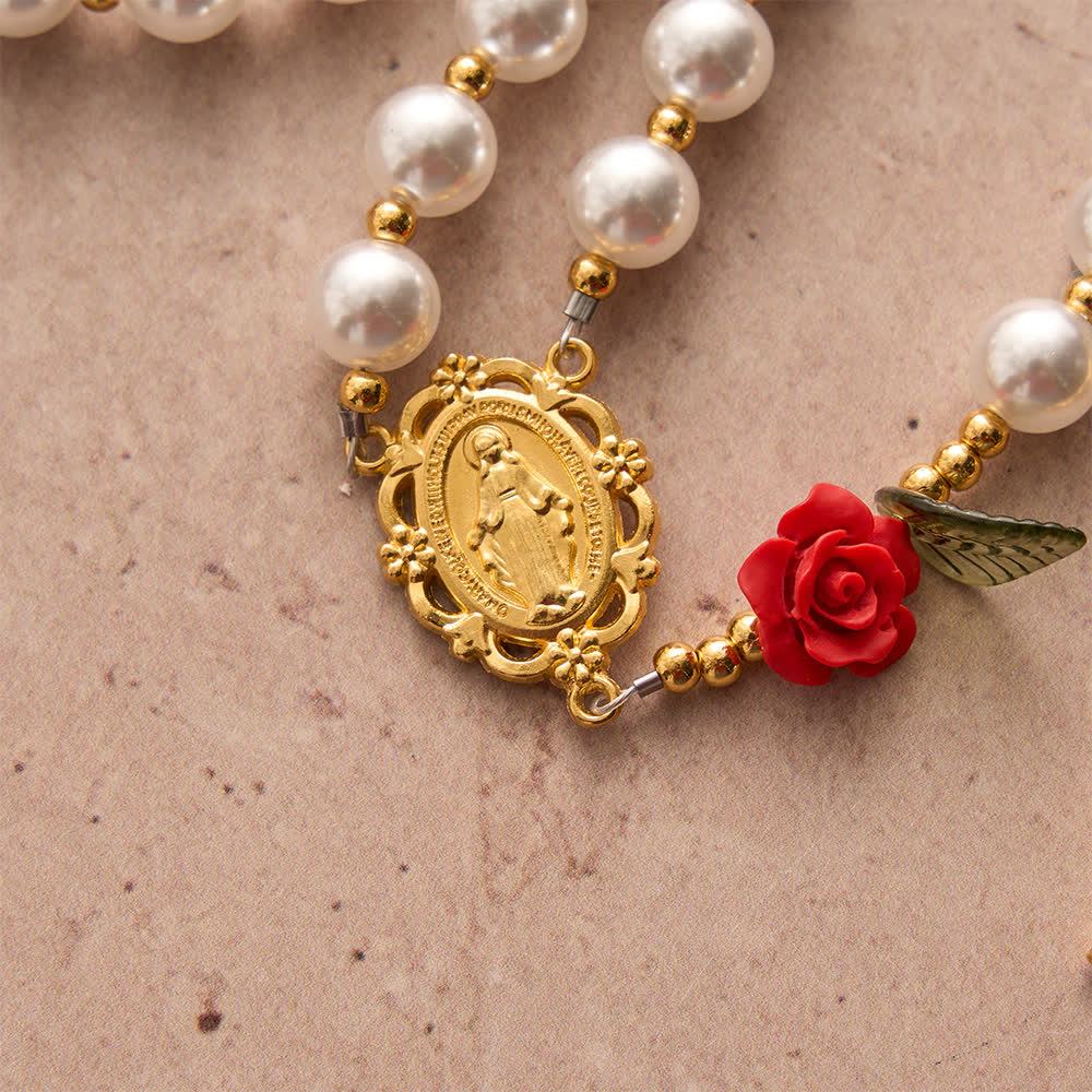 Classic Ivory & Red Rose Rosary: Soft Elegant Marian Devotion