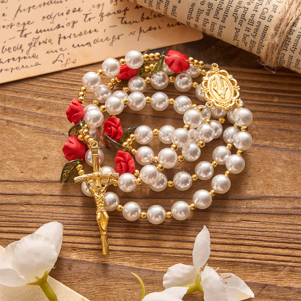 Classic Ivory & Red Rose Rosary: Soft Elegant Marian Devotion