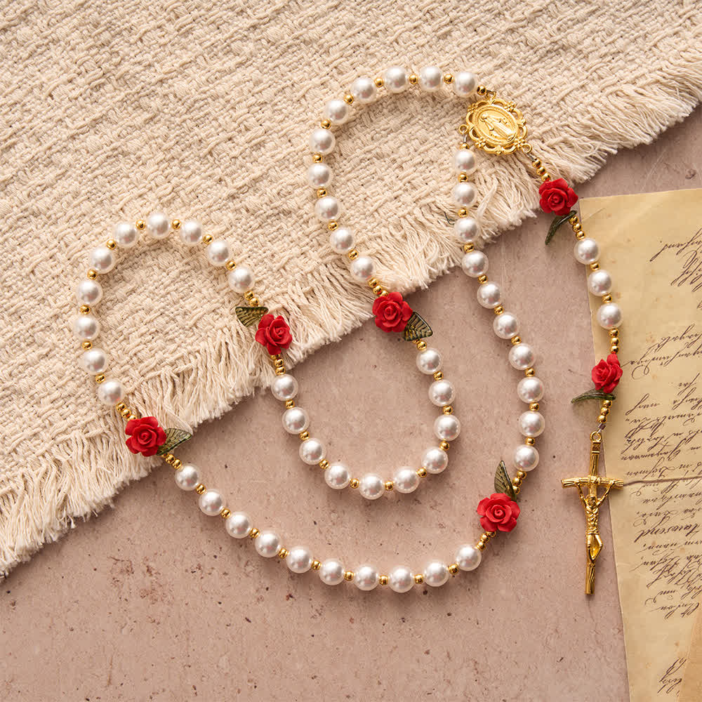 Classic Ivory & Red Rose Rosary: Soft Elegant Marian Devotion