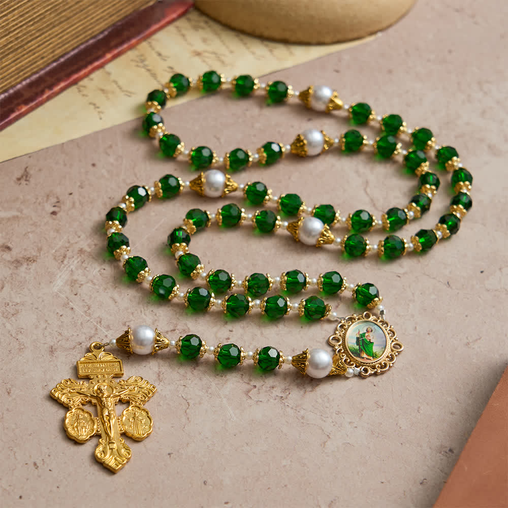 St. Jude Devotional Rosary with Green Glass & Crucifix