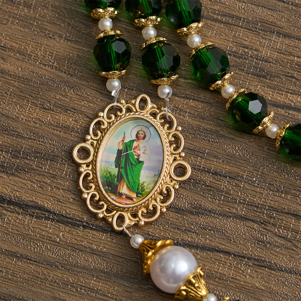St. Jude Devotional Rosary with Green Glass & Crucifix