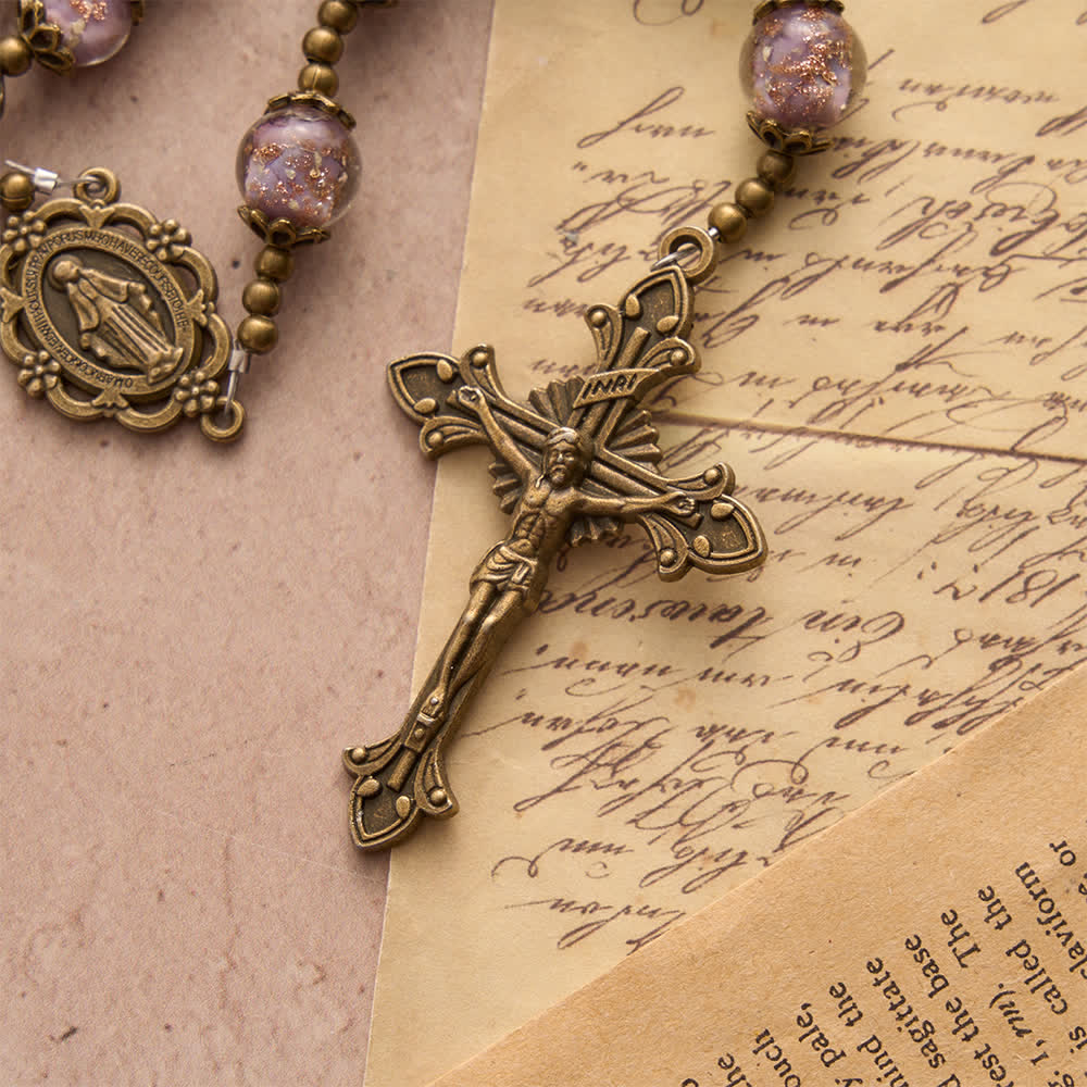 Lavender Shimmer Bead Catholic Rosary with Our Lady Medal & Crucifix