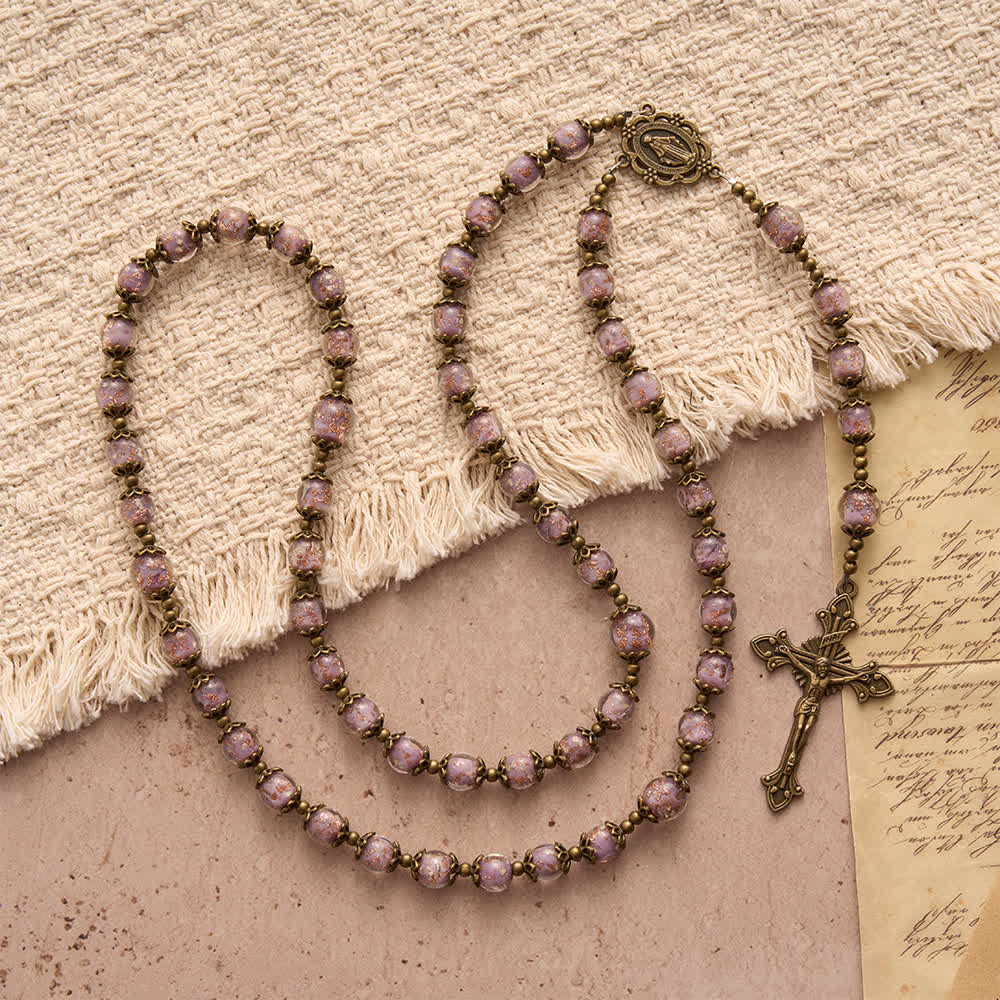 Lavender Shimmer Bead Catholic Rosary with Our Lady Medal & Crucifix