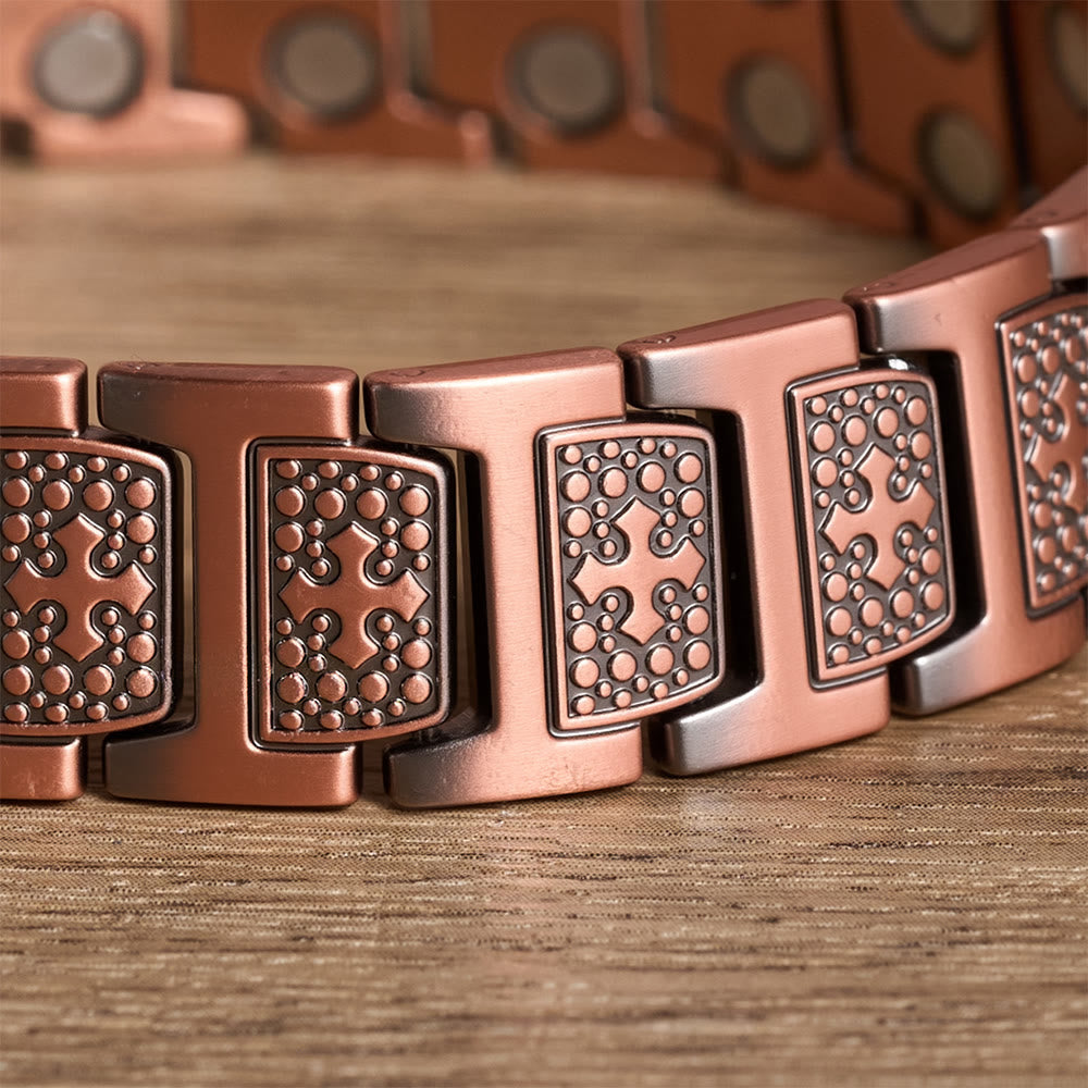 Rectangular Solid Link Bracelet with Bubble Bead Framed Cross Engraving & Foldable Adjustable Clasp
