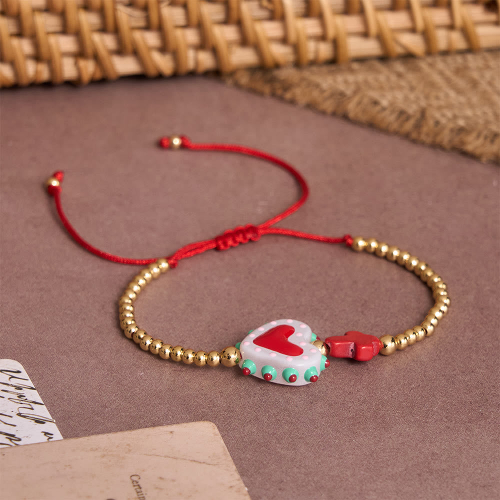 Cartoon Style Hand-Decorated Sacred Heart & Tiny Cross Accent Gold Bead Adjustable Cord Bracelet