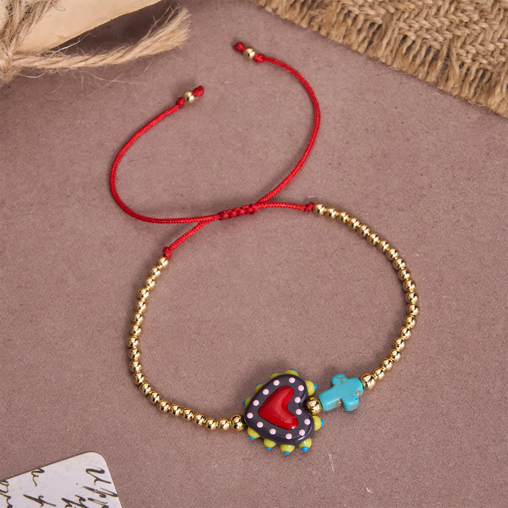 Cartoon Style Hand-Decorated Sacred Heart & Tiny Cross Accent Gold Bead Adjustable Cord Bracelet