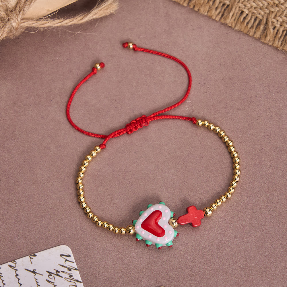 Cartoon Style Hand-Decorated Sacred Heart & Tiny Cross Accent Gold Bead Adjustable Cord Bracelet
