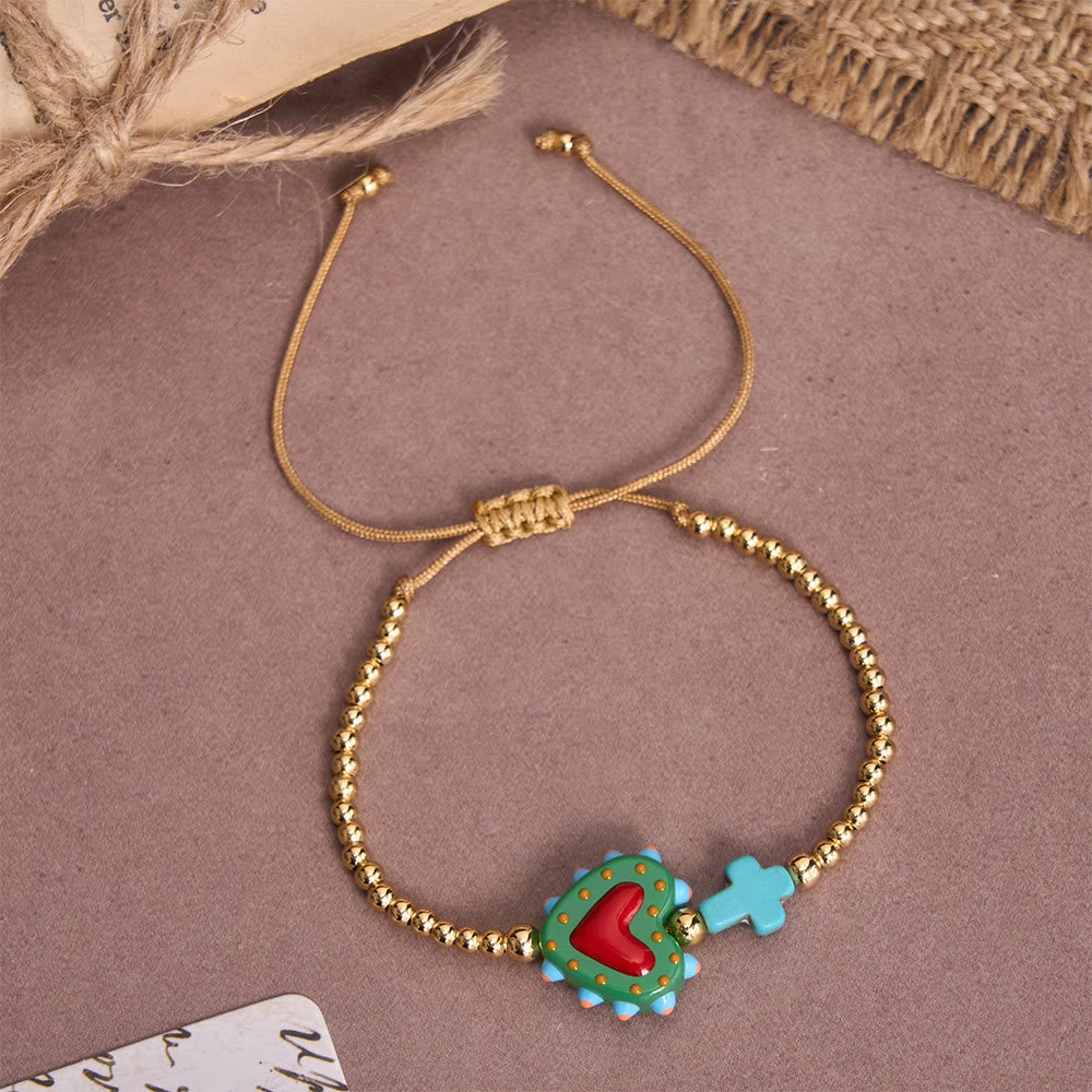 Cartoon Style Hand-Decorated Sacred Heart & Tiny Cross Accent Gold Bead Adjustable Cord Bracelet