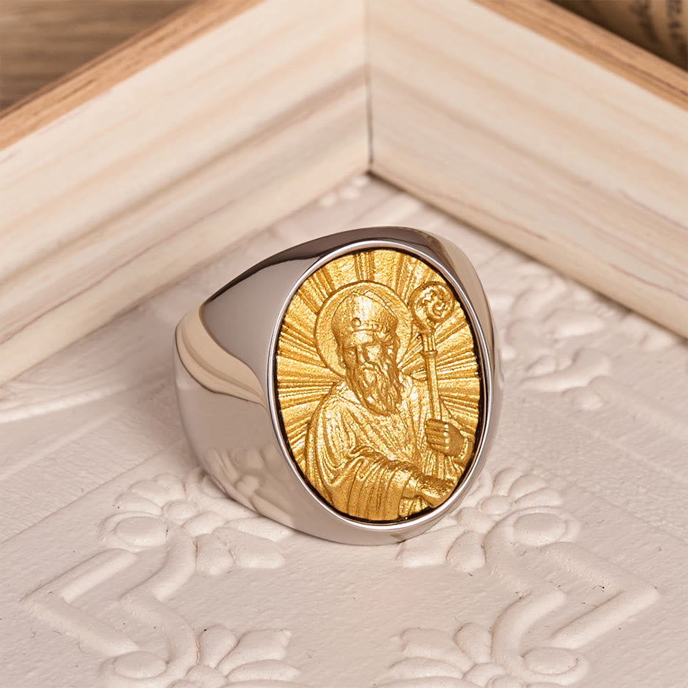 Two-Tone Bezel Oval Embossed Sacred Portrait Signet Ring: A Symbol of Gentle Heavenly Grace & Blessed Safeguard