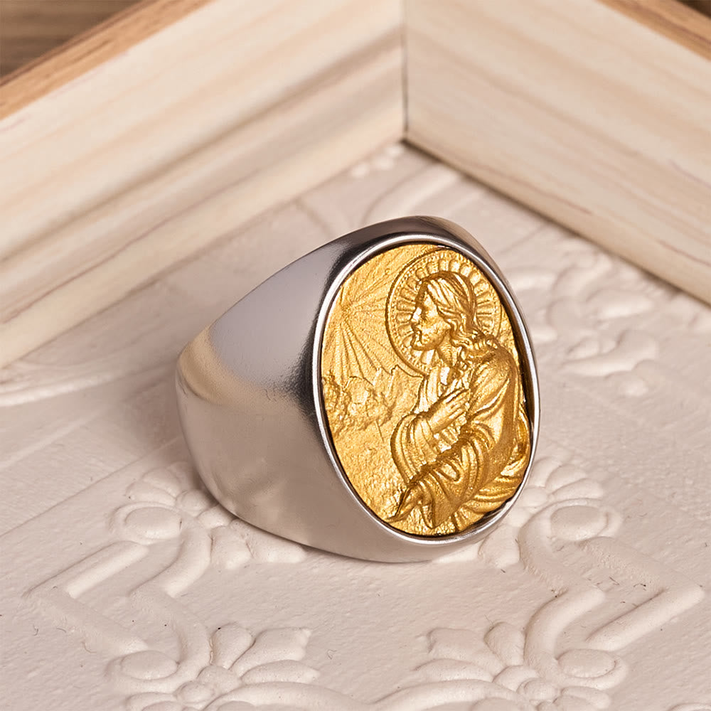 Two-Tone Bezel Oval Embossed Sacred Portrait Signet Ring: A Symbol of Gentle Heavenly Grace & Blessed Safeguard