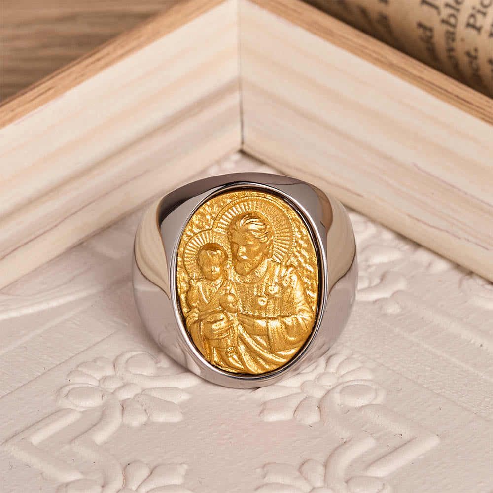 Two-Tone Bezel Oval Embossed Sacred Portrait Signet Ring: A Symbol of Gentle Heavenly Grace & Blessed Safeguard