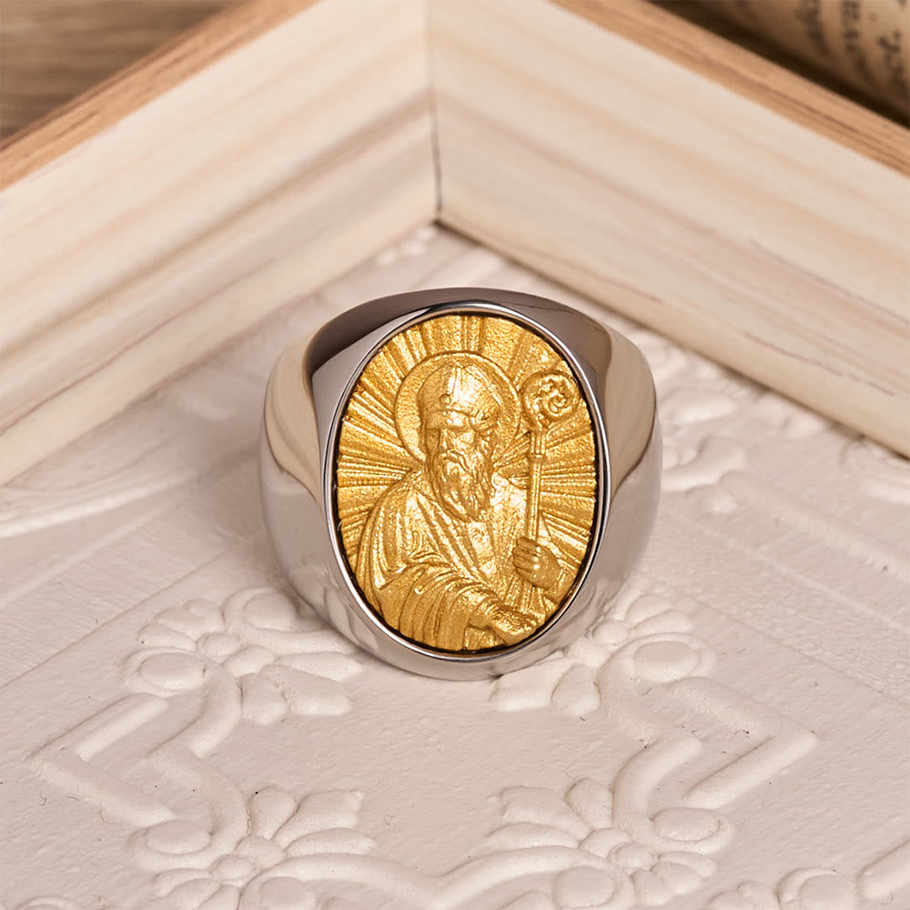 Two-Tone Bezel Oval Embossed Sacred Portrait Signet Ring: A Symbol of Gentle Heavenly Grace & Blessed Safeguard