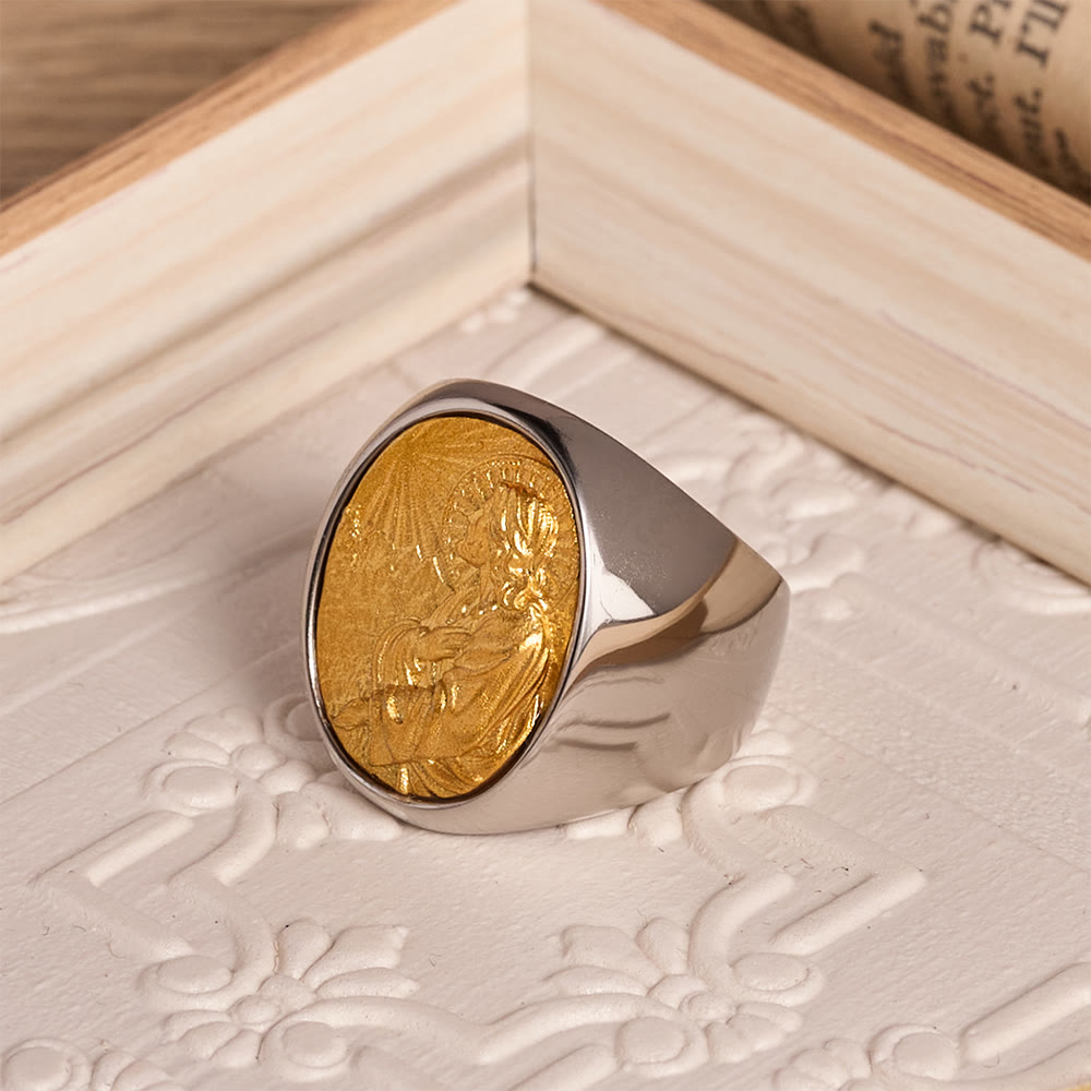 Two-Tone Bezel Oval Embossed Sacred Portrait Signet Ring: A Symbol of Gentle Heavenly Grace & Blessed Safeguard