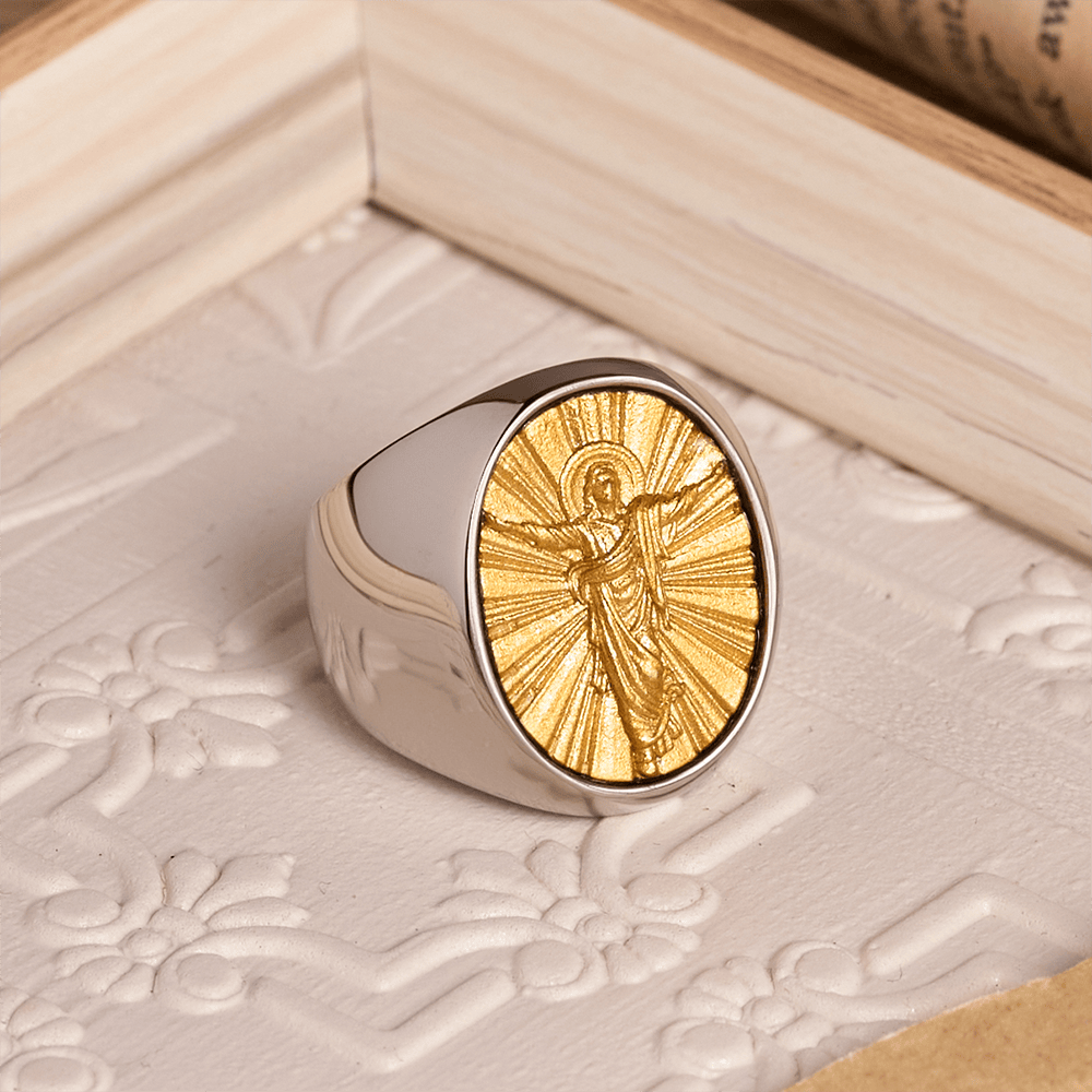 Two-Tone Bezel Oval Embossed Sacred Portrait Signet Ring: A Symbol of Gentle Heavenly Grace & Blessed Safeguard