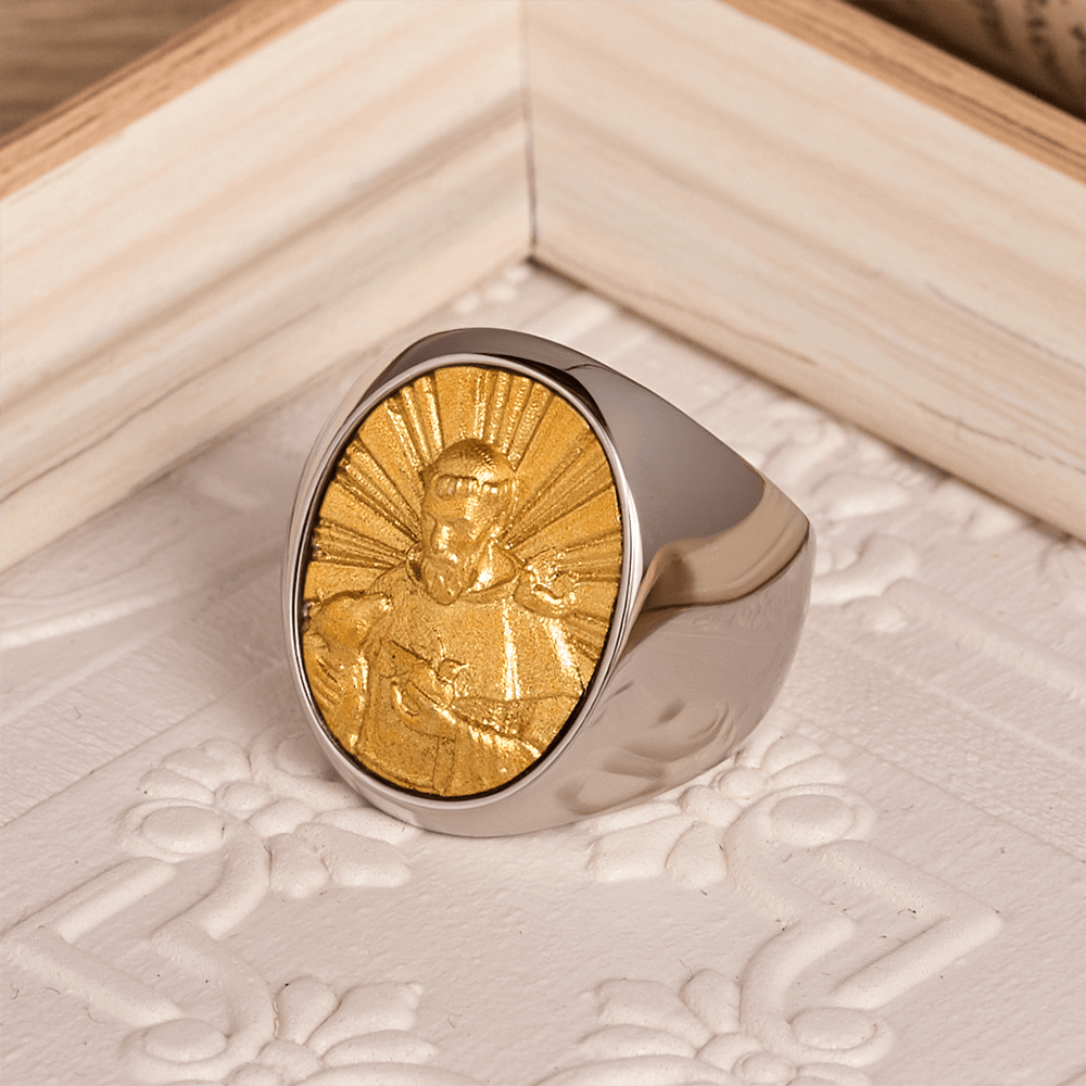 Two-Tone Bezel Oval Embossed Sacred Portrait Signet Ring: A Symbol of Gentle Heavenly Grace & Blessed Safeguard