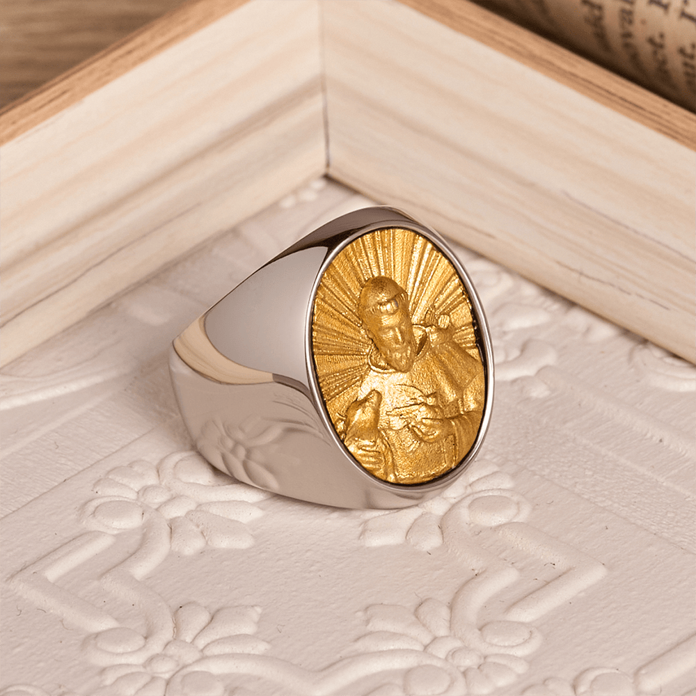 Two-Tone Bezel Oval Embossed Sacred Portrait Signet Ring: A Symbol of Gentle Heavenly Grace & Blessed Safeguard
