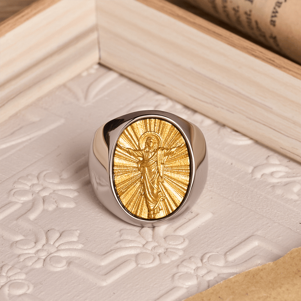 Two-Tone Bezel Oval Embossed Sacred Portrait Signet Ring: A Symbol of Gentle Heavenly Grace & Blessed Safeguard