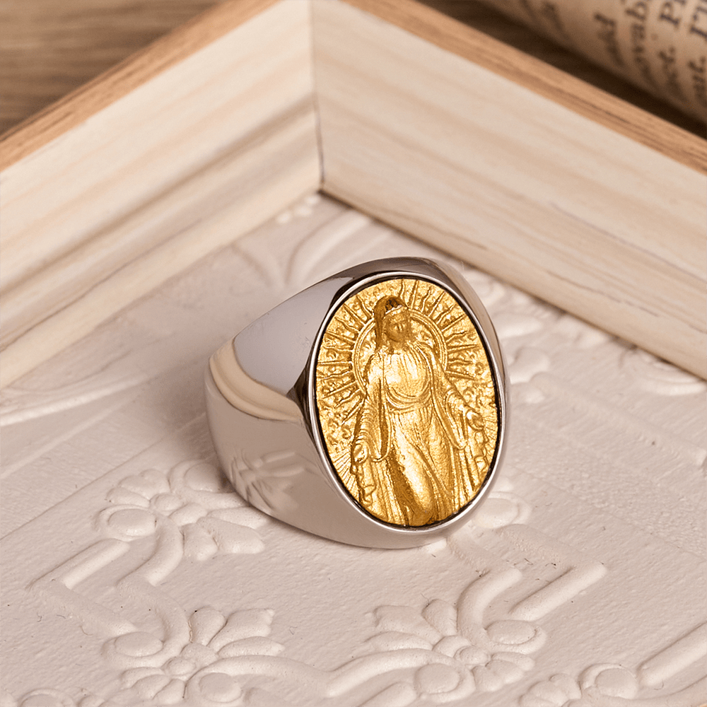 Two-Tone Bezel Oval Embossed Sacred Portrait Signet Ring: A Symbol of Gentle Heavenly Grace & Blessed Safeguard
